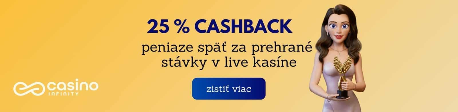 25 % cashback za prehrane stavky v live kasine