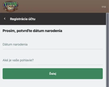 Yukon Gold casino registracia -Krok 2 - datum a pohlavie