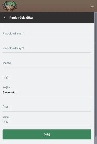 Yukon Gold casino registracia -Krok 4 - adresa a mena