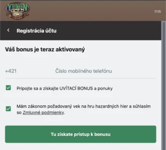 Yukon Gold casino registracia -Krok 5 - cislo a bonus